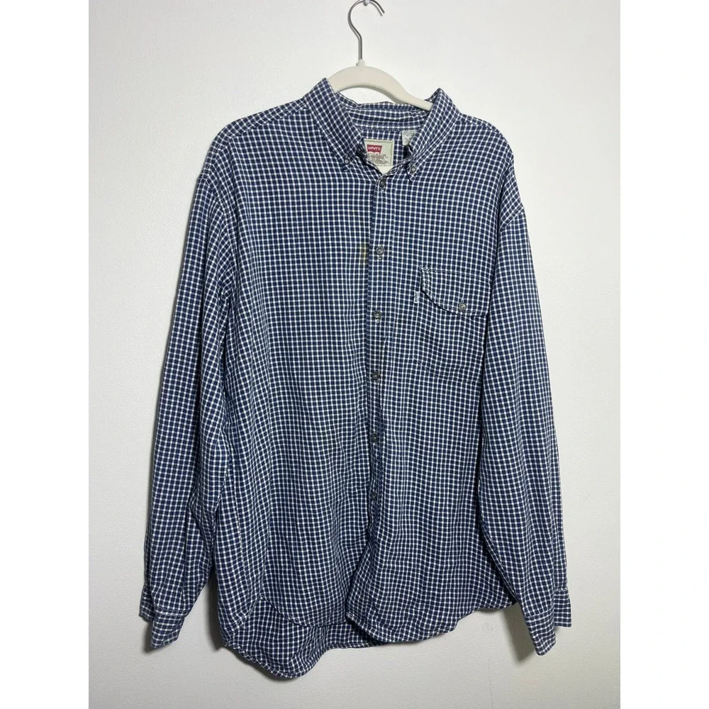 Levis Mens Blue White Gingham Check Button Down Shirt Large Long Sleeve Cotton